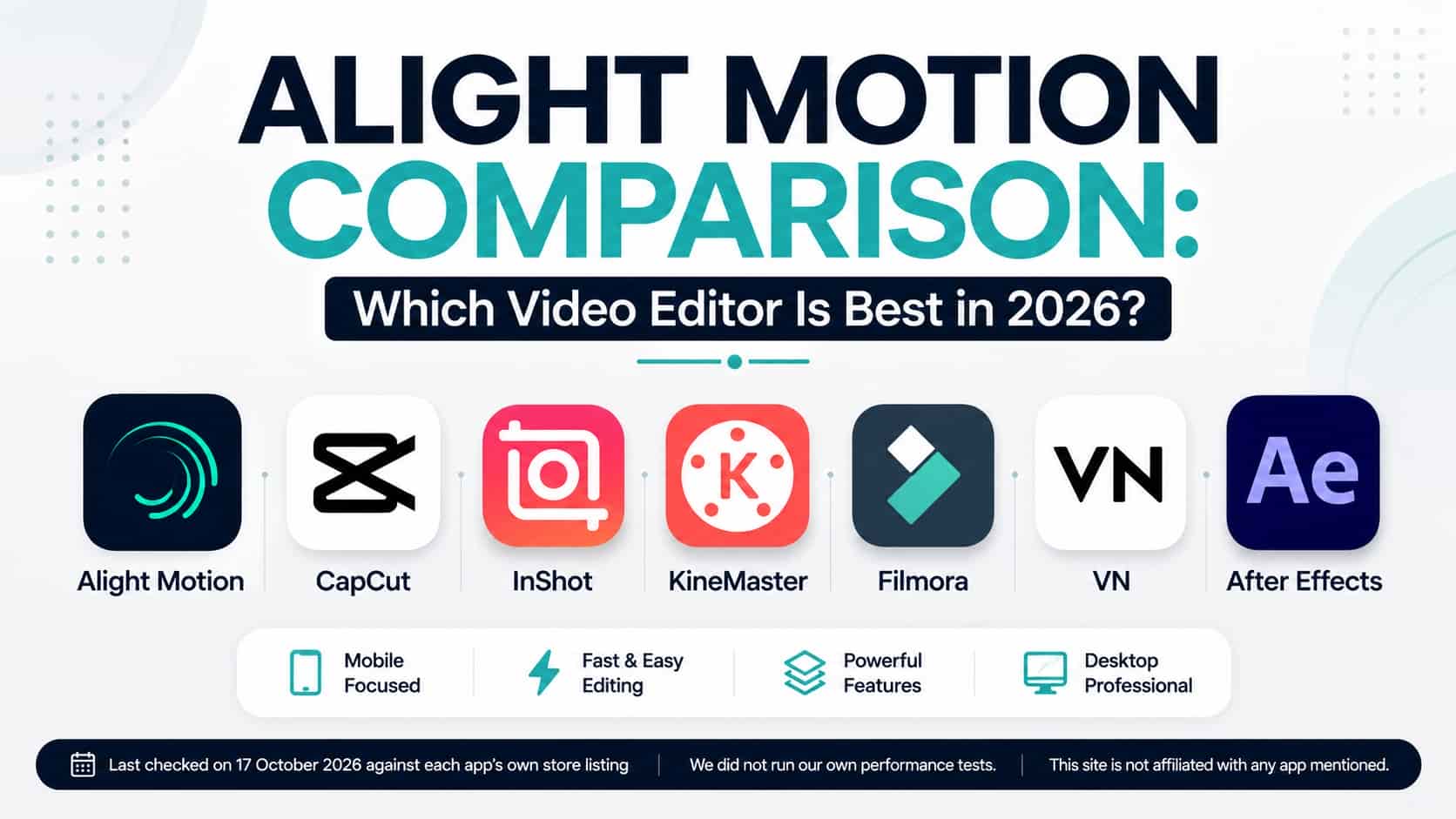 Alight Motion comparison infographic showing the logos of Alight Motion, CapCut, InShot, KineMaster, Filmora, VN and After Effects in a row, with a footer listing mobile focused, fast and easy editing, powerful features and desktop professional.