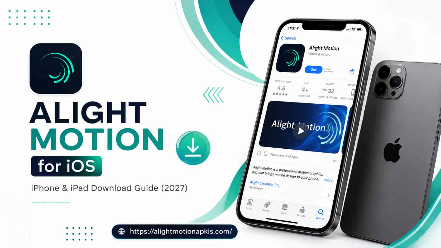 Alight Motion for iOS download guide graphic with the app shown on an iPhone