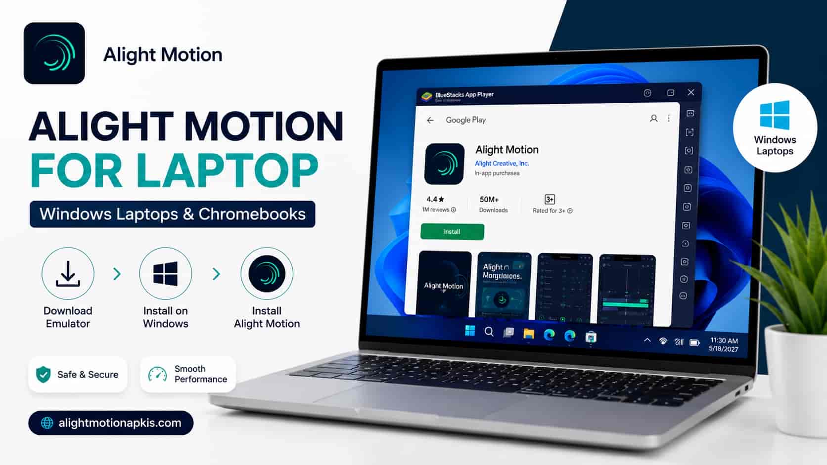 Alight Motion for laptop: BlueStacks open on the Alight Motion Google Play listing