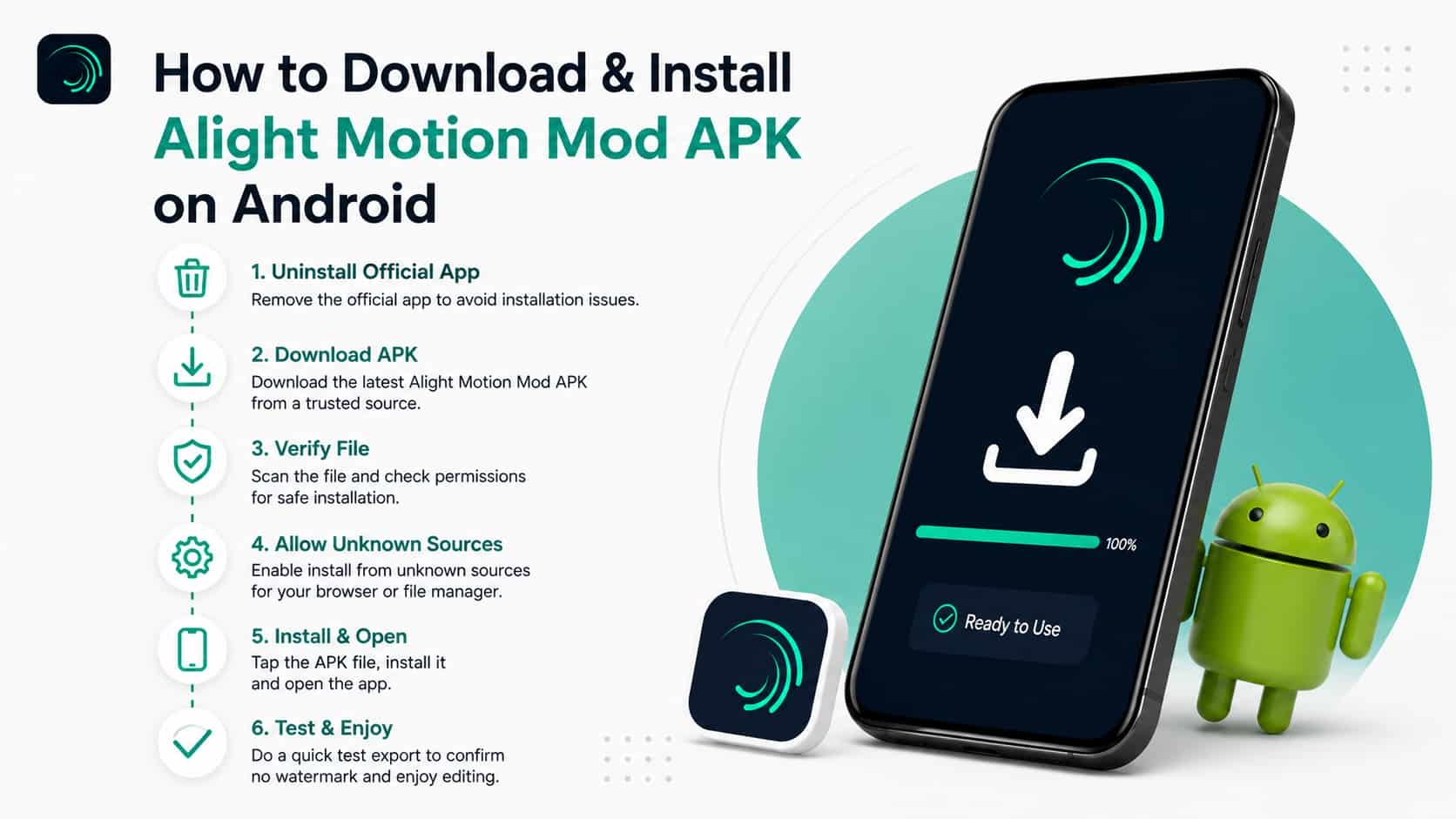 How to download and install Alight Motion Mod APK on Android: uninstall official app, download APK, verify file, allow unknown sources, install and test
