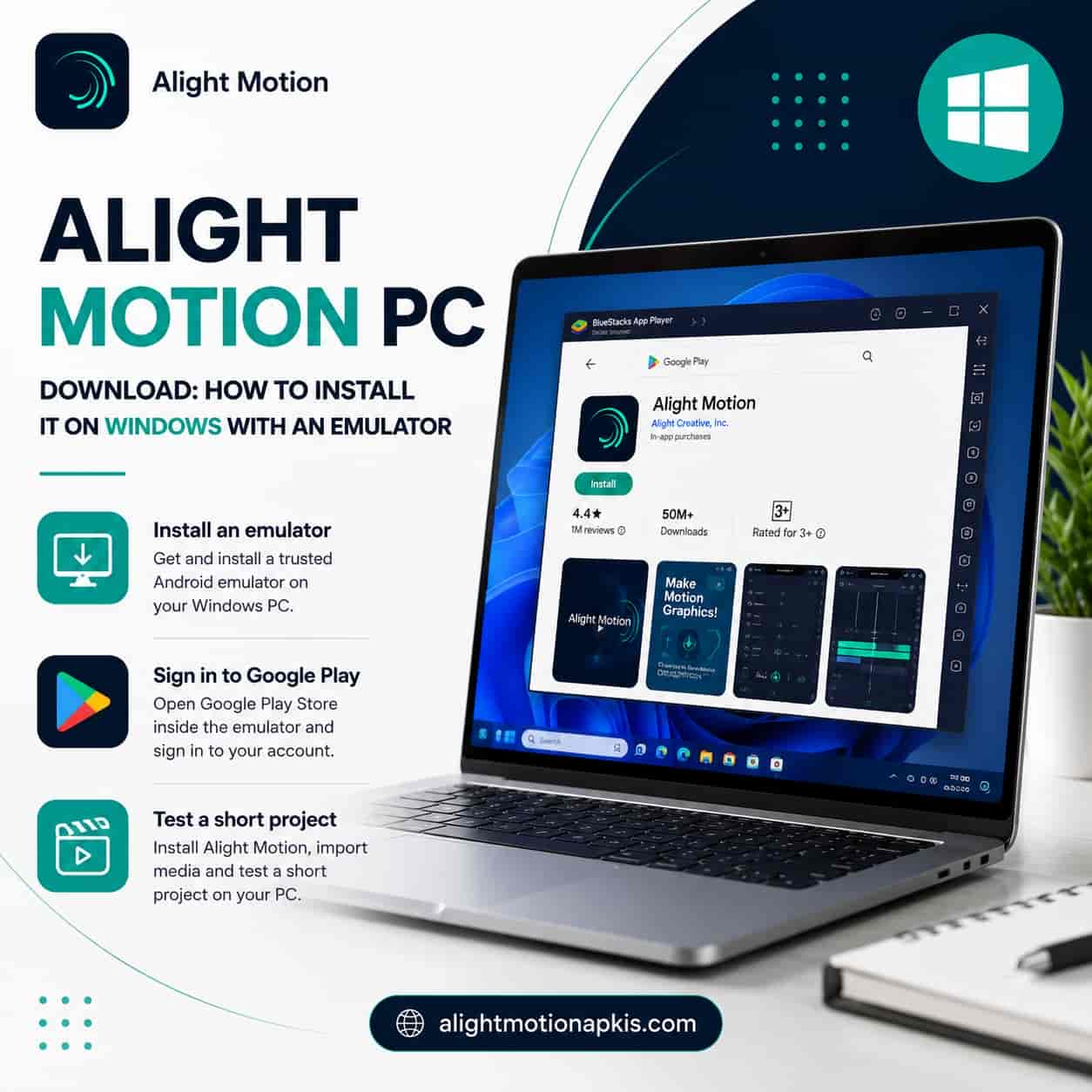Install Alight Motion on Windows with an Android emulator: install an emulator, sign in to Google Play and test a short project