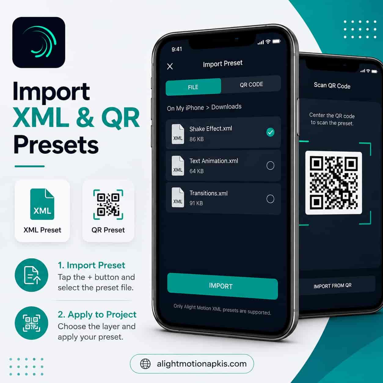 Illustration of an Alight Motion iPhone XML import and QR preset screen