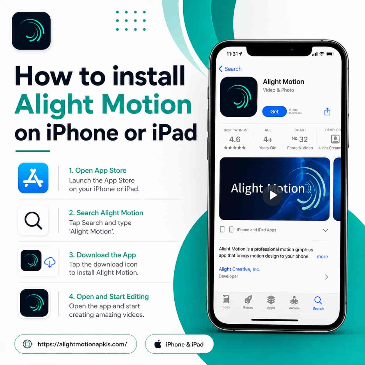 Steps to download and install Alight Motion from the App Store on iPhone or iPad